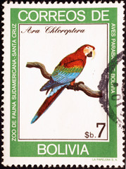 Green-winged macaw on bolivian postage stamp