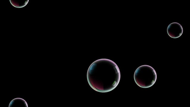Soap bubbles of middle size fly up on black background and some of them burst. 4K loop animation. Can be added to any footage by doing a composite add. Bubble bursting motion