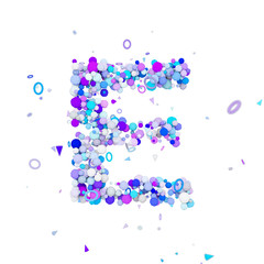 Alphabet letter E uppercase. Funny font made of blue balls. 3D render isolated on white background.