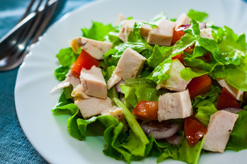 fresh vegetables salad with chicken and onion, lettuce, tomato in white plate on table