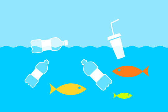 Plastic bottles are floating in polluted and contaminated water. Pollution of river, sea and ocean by rubbish, waste and refuse. Environmental and ecological problem of nature. Vector illustration