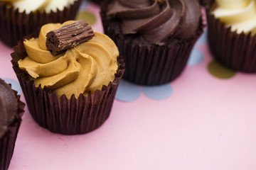 Cupcakes decorated with chocolate,caramel and vanilla icing