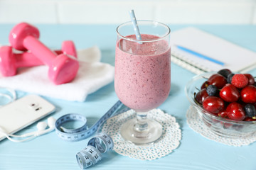 Yogurt with cherries, raspberries, blueberries, healthy sport morning breakfast concept.