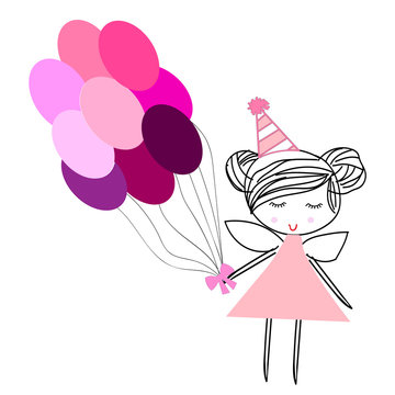 birthday card. little girl with ballons