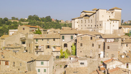 Aerial view of the village of Castelnuovo di Porto, near Rome, in Italy. The village is built perched on a hill and overlooks a green valley full of trees. At the top there is the medieval castle.