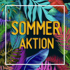 Sommeraktion. Summer design vector banner with fruits background and exotic palm leaves, hibiscus flowers.