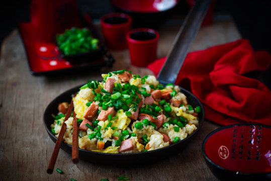 hot dog fried rice recipe in the skillet