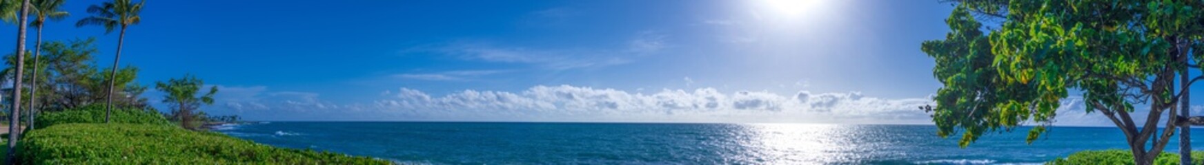 Panoramic view of a sunny beach in Oahu Hawaii