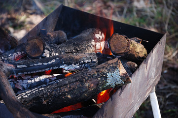 Fire burns in the grill in nature.
