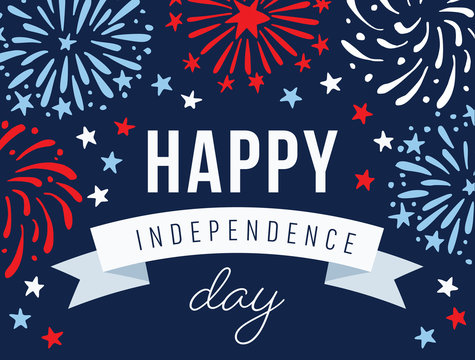 Happy Independence day, 4th July national holiday. Festive greeting card, invitation with hand drawn fireworks in USA flag colors. Vector illustration background, web banner.