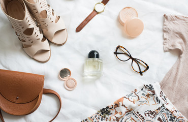 Feminine flat lay, fashion bloggers beauty objects