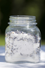 jar of lavender sugar with fresh flowers - sweet food.