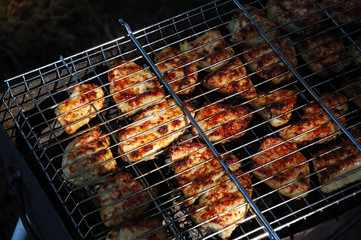 Chicken meat is grilled on the nature.
