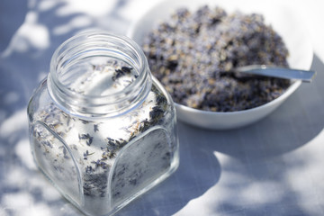 jar of lavender sugar with fresh flowers - sweet food.