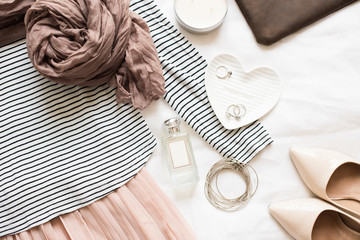 Feminine flat lay, fashion bloggers beauty objects