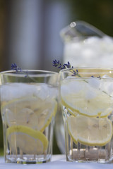 Lavender lemonade in glass jug and cocktail glasses