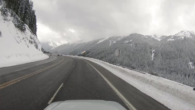 Driving POV Snowy Mountain Highway Cliff