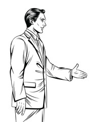 Vector black and white line art illustration of an office man handshake. Handsome young man standing in profile in suit isolated from white background