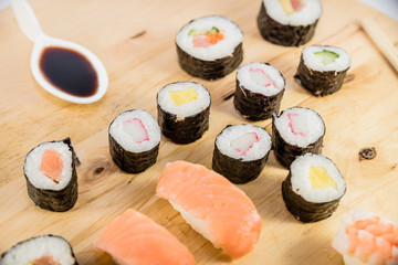 japanese food type sushi on wooden table with white background