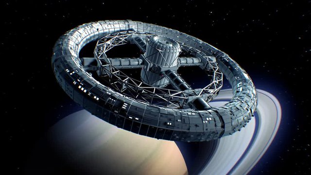 Circular space station. Giant sci-fi torus rotate on Saturn background, 3d animation. Texture of the Planet was created in the graphic editor without photos and other images.