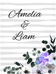 Floral wedding invitation card with anemones,succulent,eucalypyus leaves in watercolor style. 