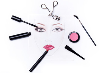 Face chart and different makeup objects and cosmetics