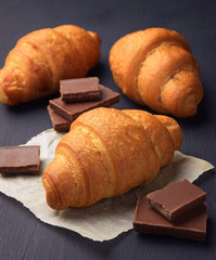 Fresh croissants. Croissants with chocolate. Homemade baking. Breakfast. Concept. Close-up.