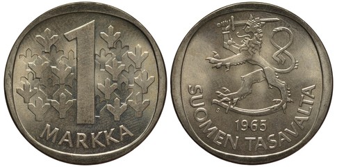 Finland Finnish Suomi silver coin 1 one marka 1965, figure of value flanked by stylized trees, crowned lion with sword, sheath below,