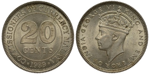 British Malaya silver coin 20 twenty cents 1939, face value within circle of beads, date below, King George VI head left, colonial time, 