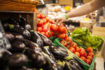 woman's hand picking tomatoes