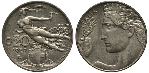 Italy Italian coin 20 twenty centesimo 1920, allegorical woman with torch flying above Savoy dynasty shield, man head, hand with ear, 