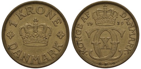Denmark Danish coin 1 one krona 1939, large crown in center flanked by stars, crowned monogram of King Christian X,