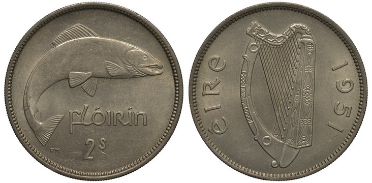 Ireland Irish coin 1 one florin 1951, salmon, fish, legend Ireland, harp divides country name and date, 