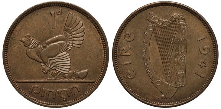 Ireland Irish coin 1 one penny 1941, hen with chickens, legend Ireland, harp divides country name and date, 
