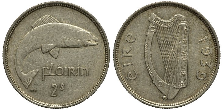 Ireland Irish silver coin 1 one florin 1939, salmon, fish, legend Ireland, harp divides country name and date, 
