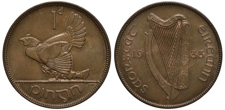 Ireland Irish coin 1 one penny 1933, hen with chickens, legend State of Ireland, harp divides date, 