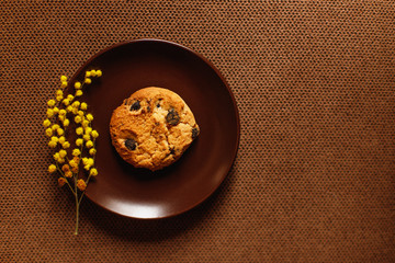The cookies and the flower lie on a brown plate. On a brown background. Top view. Text place