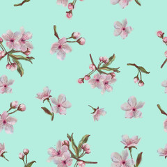 Fototapeta na wymiar Sakura Seamless Pattern on Mint Background. Digital Watercolor Vintage Floral Pattern for Background, Print, and Textile.