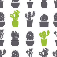 Seamless pattern of pots with cactus. Vector illustration. 