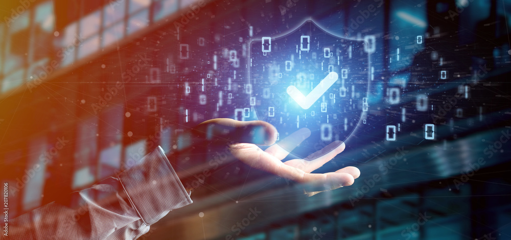 Poster man holding a shield web security concept 3d rendering