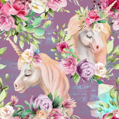 Beautiful watercolor unicorns princess, pegasus with violet and cream peony, pink roses, magic crystals and floral, flowers bouquets on ultraviolet background with glitter seamless pattern