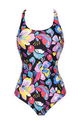 Closeup of sporty colorful one piece swimsuit isolated on white background