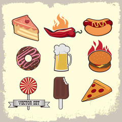 Vector set of nine images of fast food
