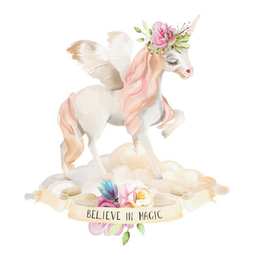 Beautiful, cute, watercolor dreaming unicorn, pegasus with wings and  flowers, floral crown, bouquet on the cloud with ribbon isolated on white
