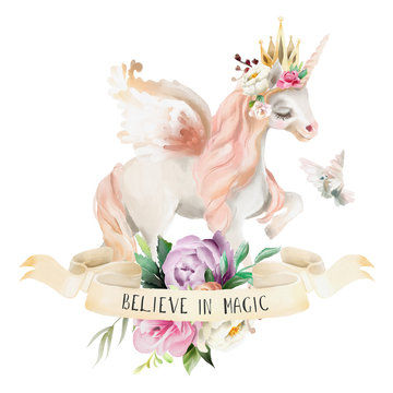 Beautiful, cute, watercolor dreaming unicorn, pegasus with flowers, golden crown, floral bouquet, pigeon and ribbon with qoute isolated on white