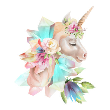 Beautiful, cute, watercolor unicorn head with flowers, floral crown, bouquet and magic crystals isolated on white