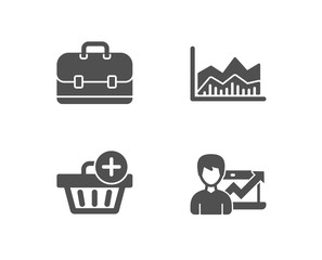 Set of Portfolio, Add purchase and Trade infochart icons. Success business sign. Business case, Shopping order, Growth chart.  Quality design elements. Classic style. Vector