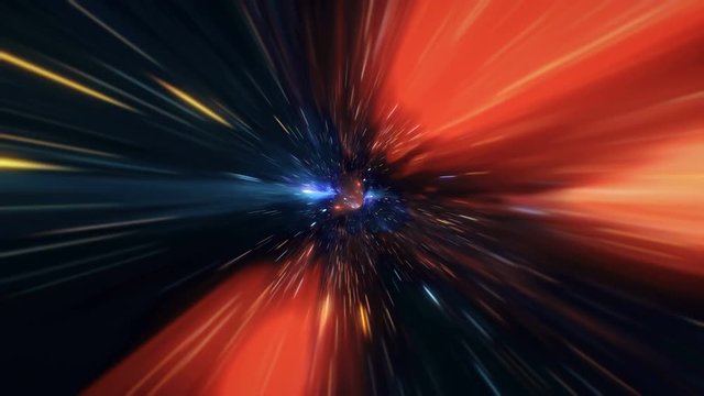 Abstract jump in space in hyperspace among stars and flying in the wormhole