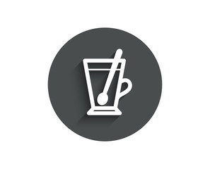 Cup with spoon simple icon. Fresh beverage sign. Latte or Coffee symbol. Circle flat button with shadow. Vector