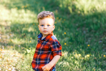 A cute boy with curly hair having fun outside in the country in summer at the sunset. a boy playing in the garden with apple trees and green grass.